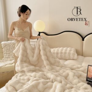 Faux Fur Throw Blanket for Couch – Linen Fluffy Cozy Rabbit Fleece, Plush Soft Bubble Blanket for Sofa & Bed, for Mom, Warm Fuzzy Home Room Decor Throw 60" x 80"