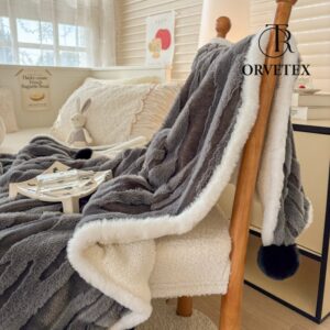 Home Soft Jacquard Rabbit Faux Fur Textured Throw Blankets, 50" x 60", Super Soft Cozy Warm Comfortable Throw for Living Room Couch Bed Chair Bedroom Home Décor