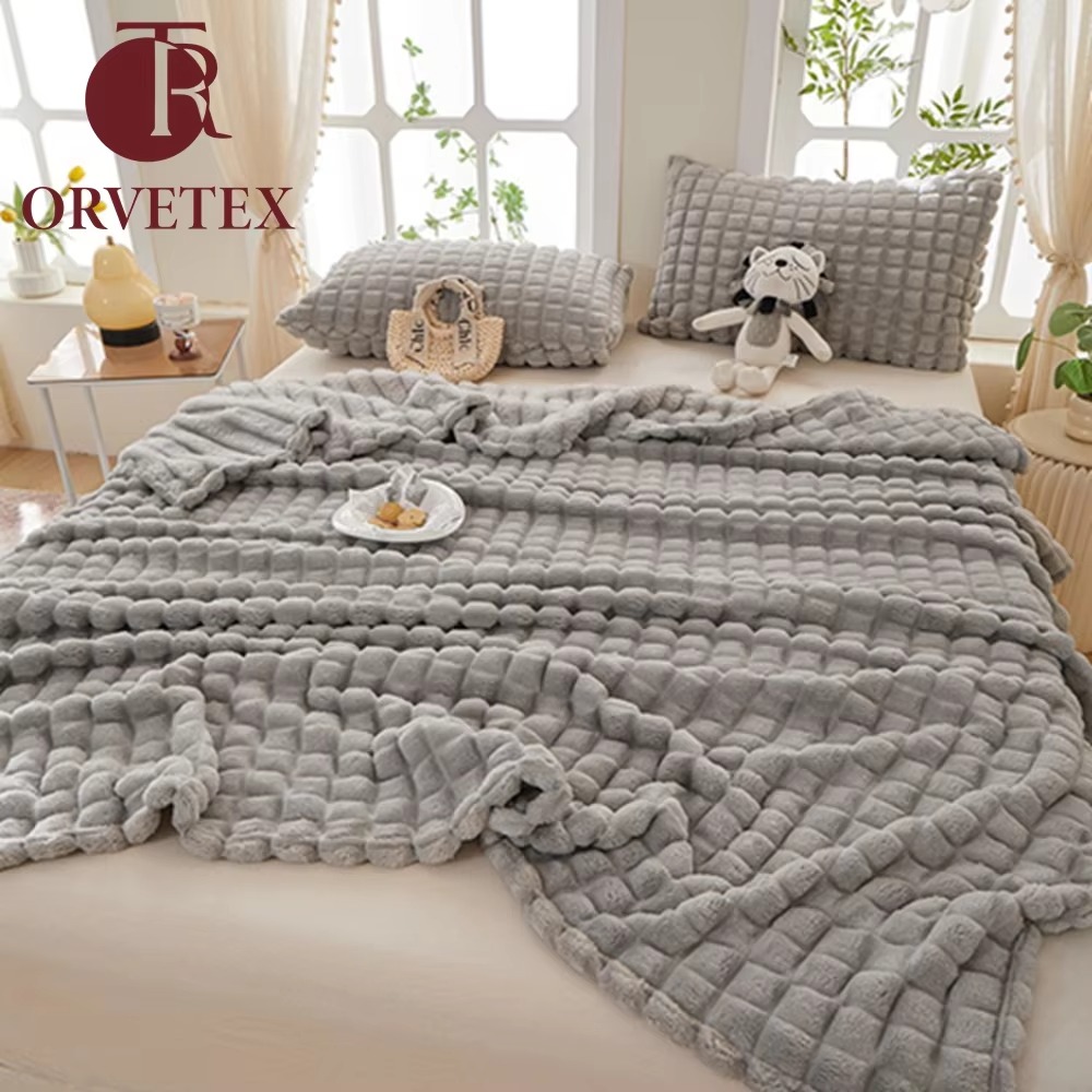 Orvetex Four Season Universal Warm Thick Plush Solid Color European and American Style Flannel Plaid Blanket