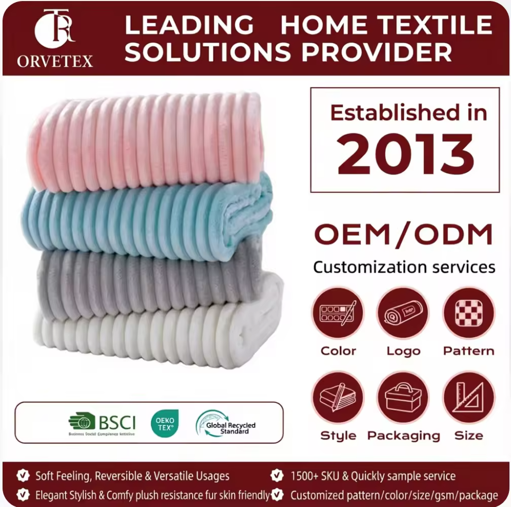 Orvetex Wholesale Bulk Custom Logo Soft Warm Plush Striped Flannel Blanket for Bed Sofa Living Room