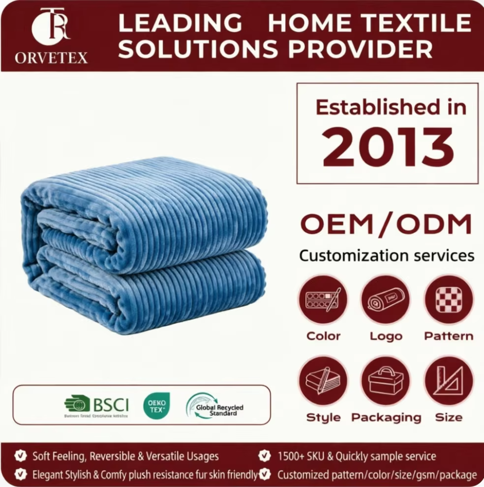 Orvetex Custom Logo Soft Warm Plush Striped Flannel Blanket for Bed Sofa Living Room - Image 2